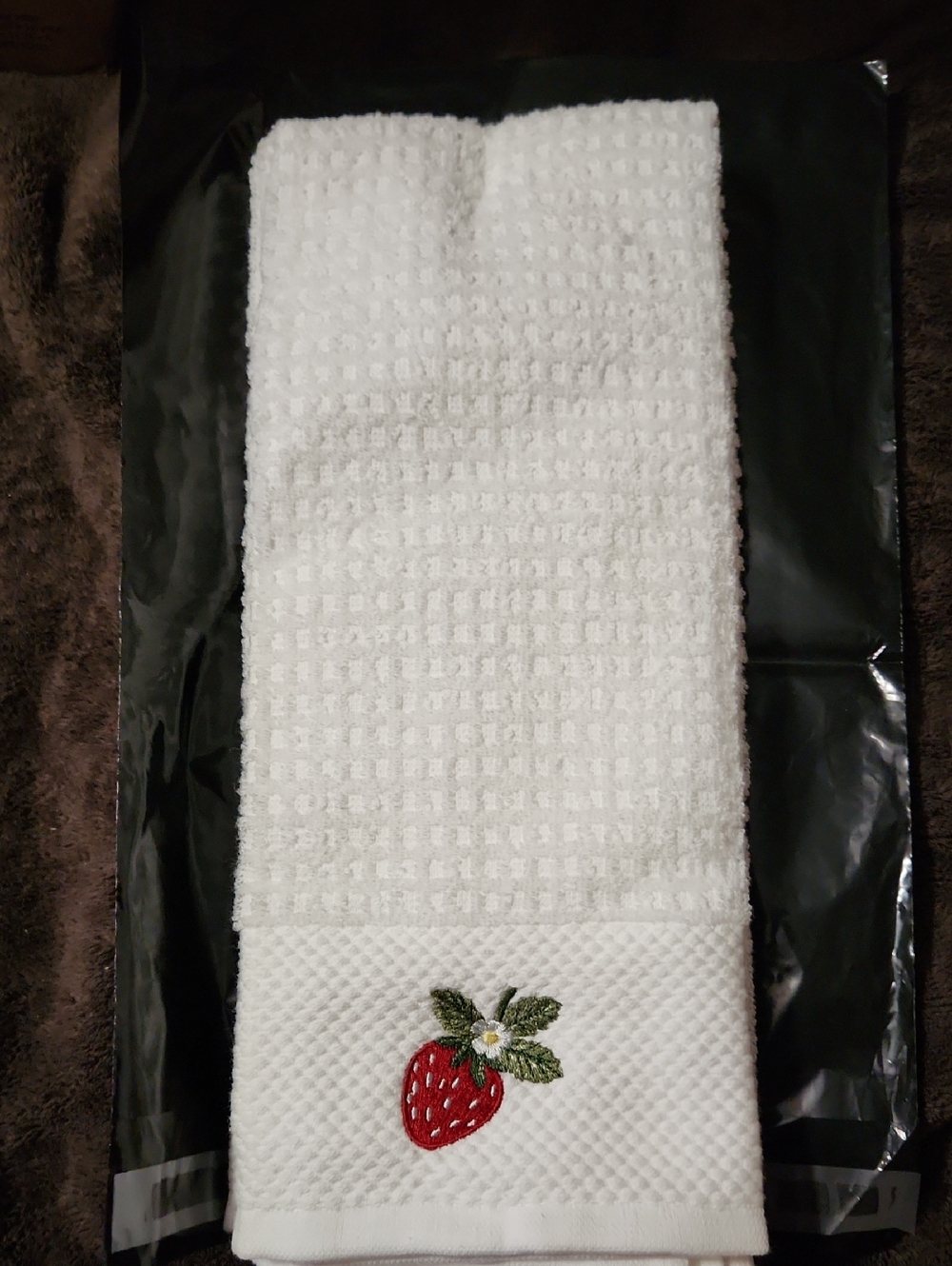 White Waffle Hand Towel with Embroidered Strawberry